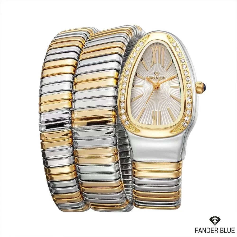 FanderBlue Serene – Women’s Two-Tone Steel Watch with White Dial & Double-Coil Bracelet