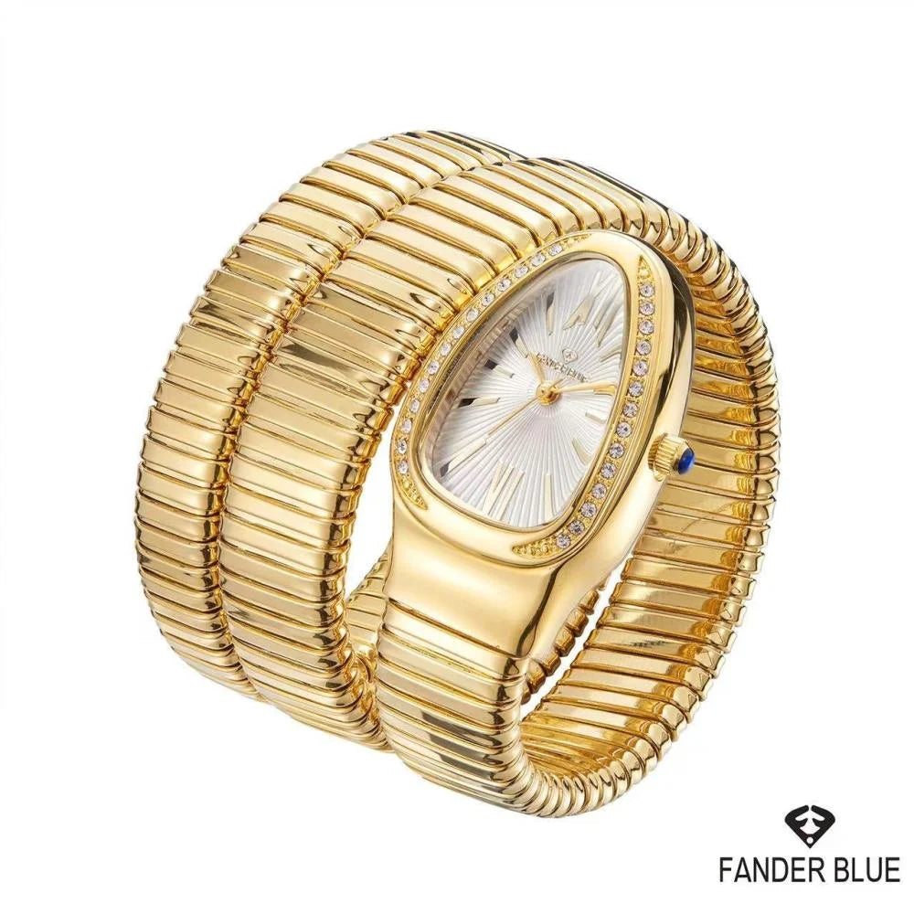 FanderBlue Snake Coil – Women's Luxury Gold Watch with Diamond Bezel & Coil Bracelet