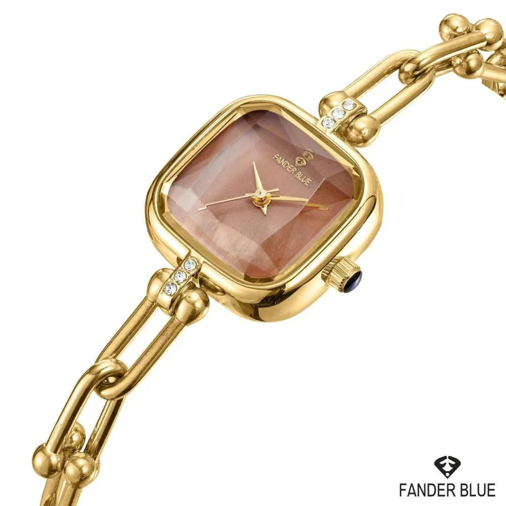 FanderBlue Gold Chain – Women's Luxury Square Watch with Crystal Dial
